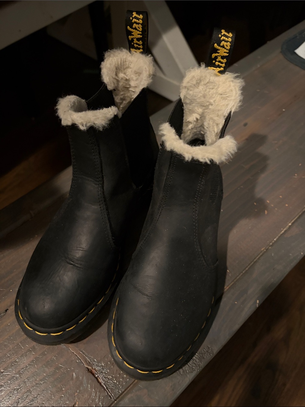 Dr. Martens Black Leather Chelsea Boots with Cream Faux Fur Trim